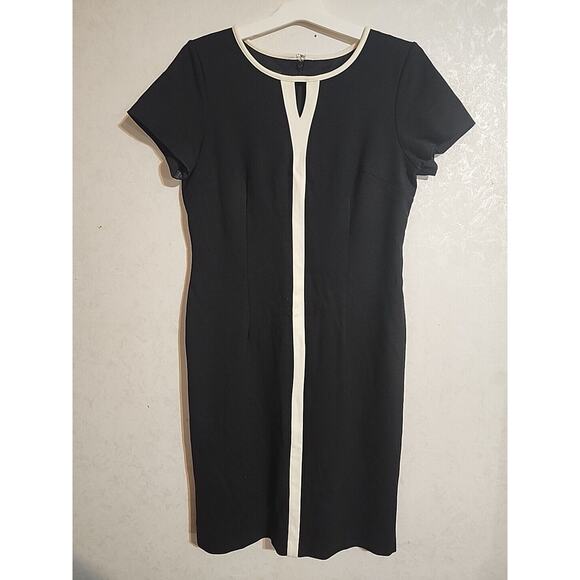 Talbots Dress Sheath Midi Black Heavyweight Short Sleeve Zip Back 8 Round Neck - Picture 1 of 6